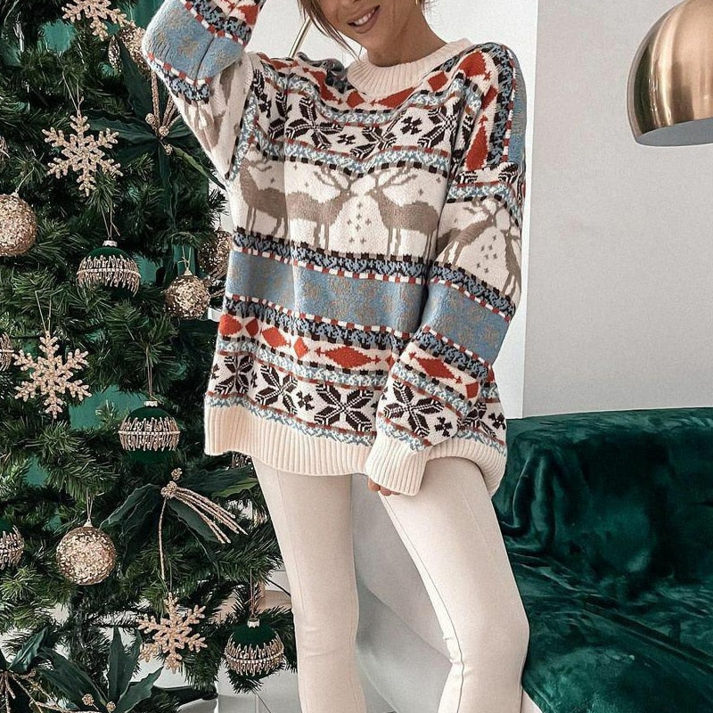 Women's Reindeer Christmas Jumper in Beige