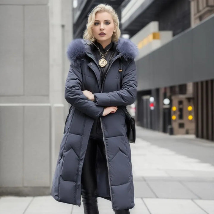 Women's Long Quilted Down Coat in Grey