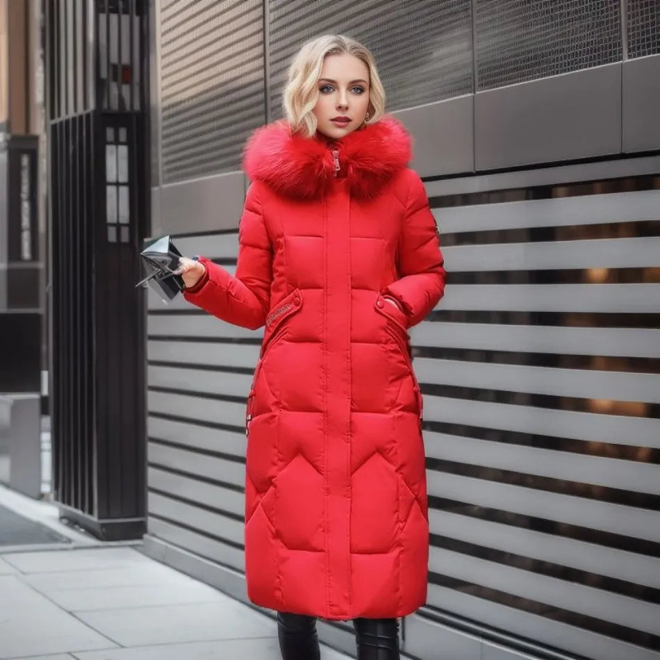 Women's Long Quilted Down Coat in Red