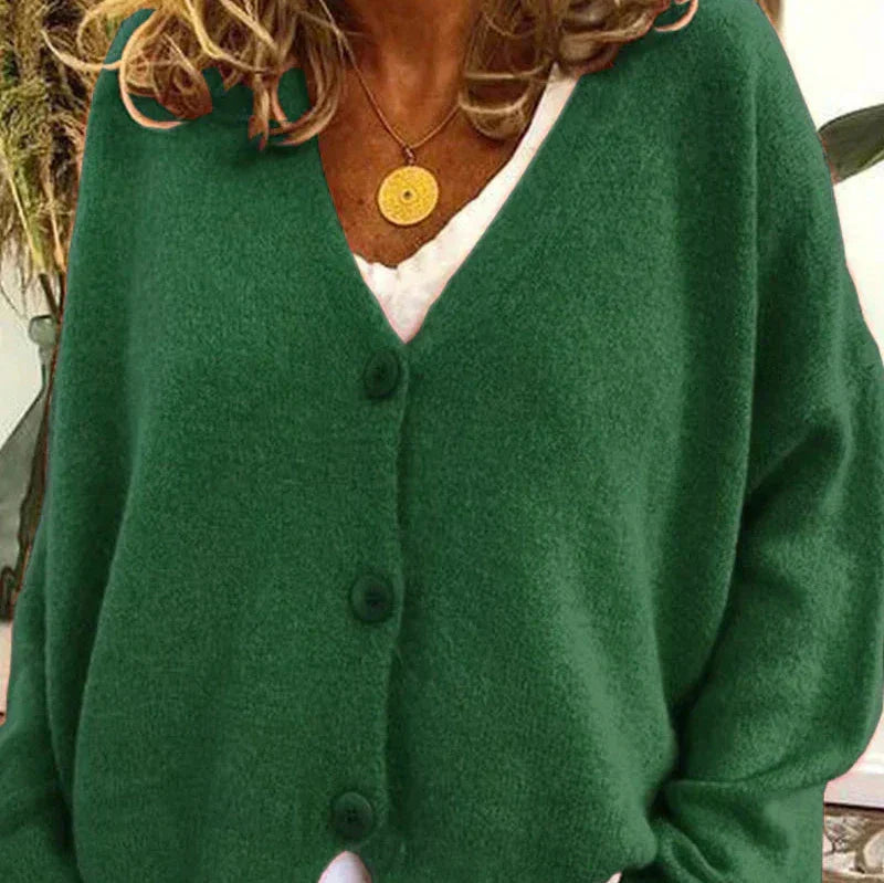 Women's V-Neck Button Cardigan in Forest Green