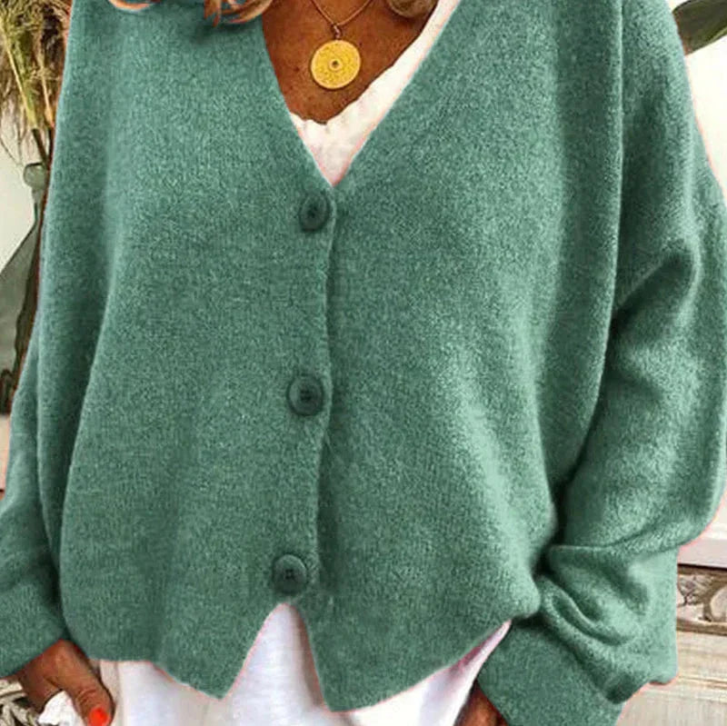 Women's V-Neck Button Cardigan in Green