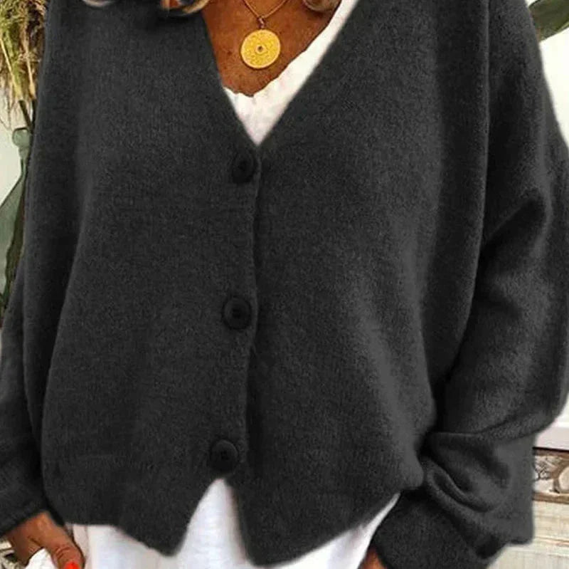 Women's V-Neck Button Cardigan in Black