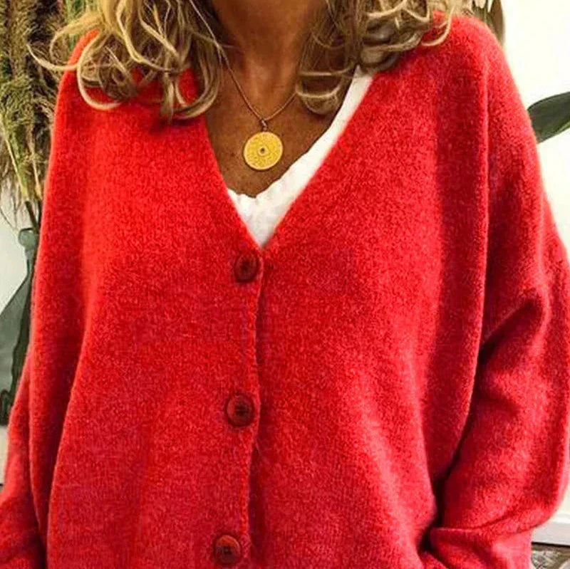 Women's V-Neck Button Cardigan in Red