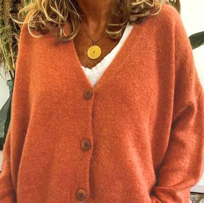 Women's V-Neck Button Cardigan in Orange