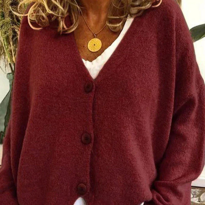 Women's V-Neck Button Cardigan in Burgundy
