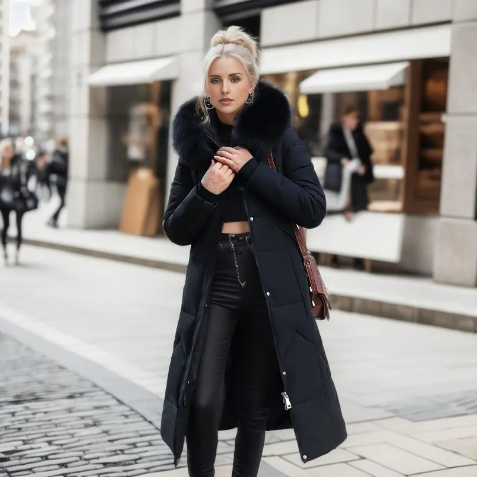 Women's Long Quilted Down Coat in Black