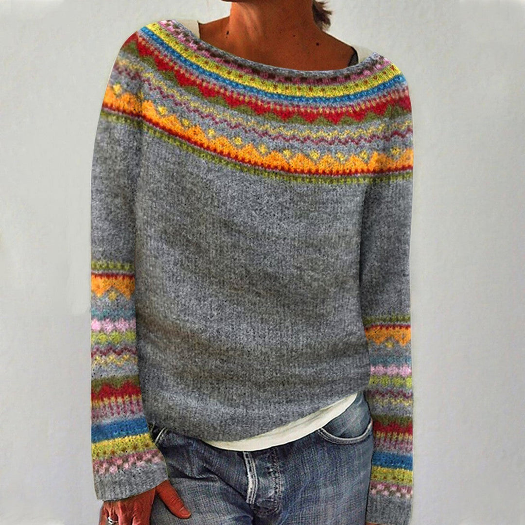 Women's Crew-Neck Knit Jumper in Grey / Orange