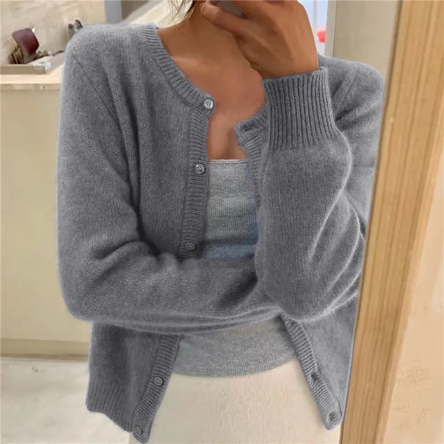 Women's Crew-Neck Cardigan in Grey