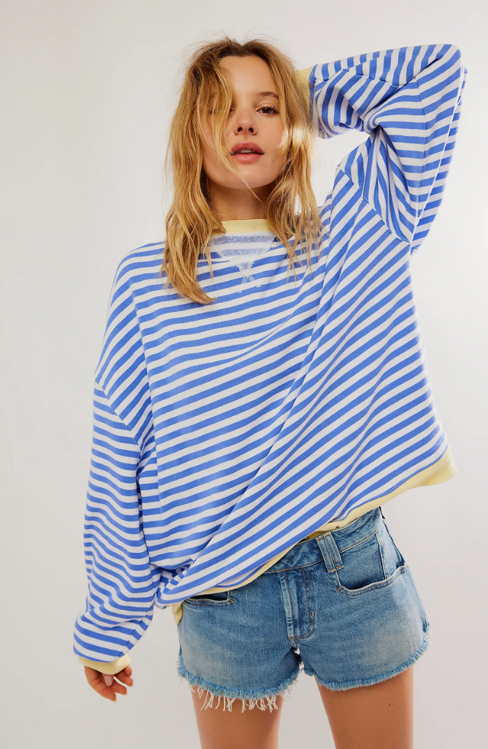 Women's Striped Crew-Neck Jumper in Sky Blue