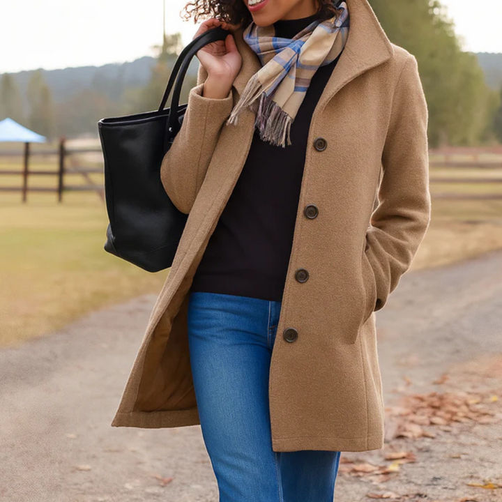 Women's Classic Buttoned Winter Coat in Khaki