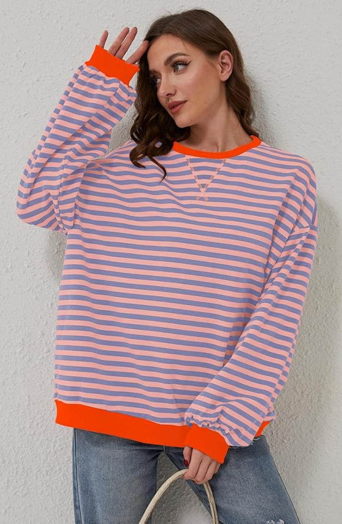 Women's Striped Crew-Neck Jumper in Orange & Blue