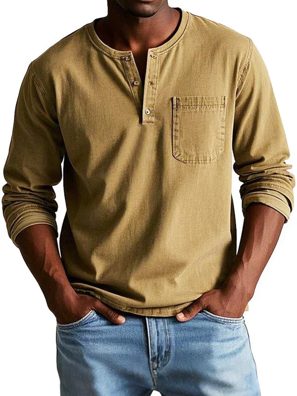 Men's long-sleeve henley shirt in khaki