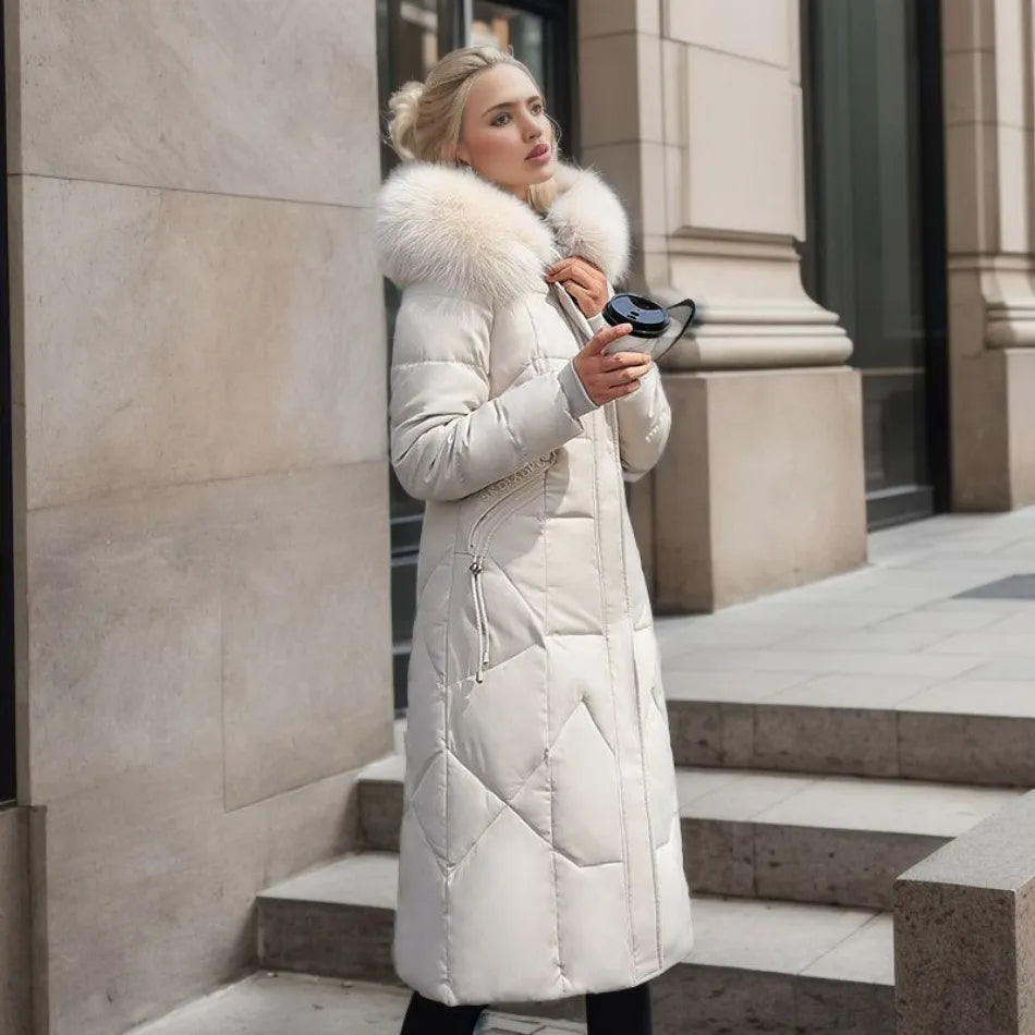 Women's Long Quilted Down Coat in White
