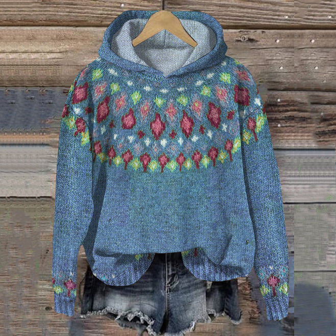 Women's Patterned Winter Knit Hoodie in Blue