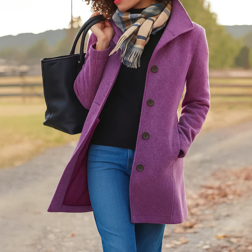 Women's Classic Buttoned Winter Coat in Purple