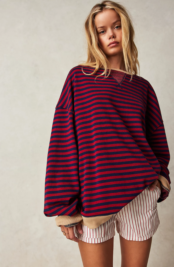 Women's Striped Crew-Neck Jumper in Black & Red