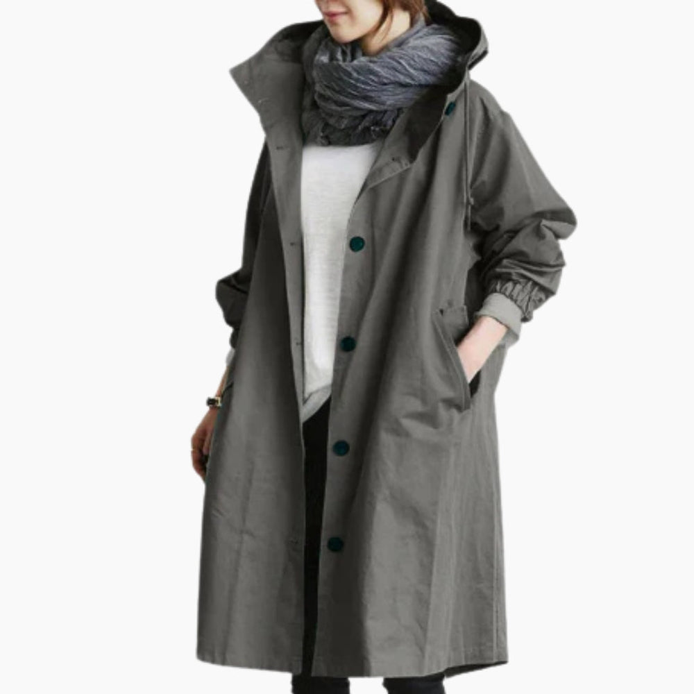 Women's long button street coat in Grey