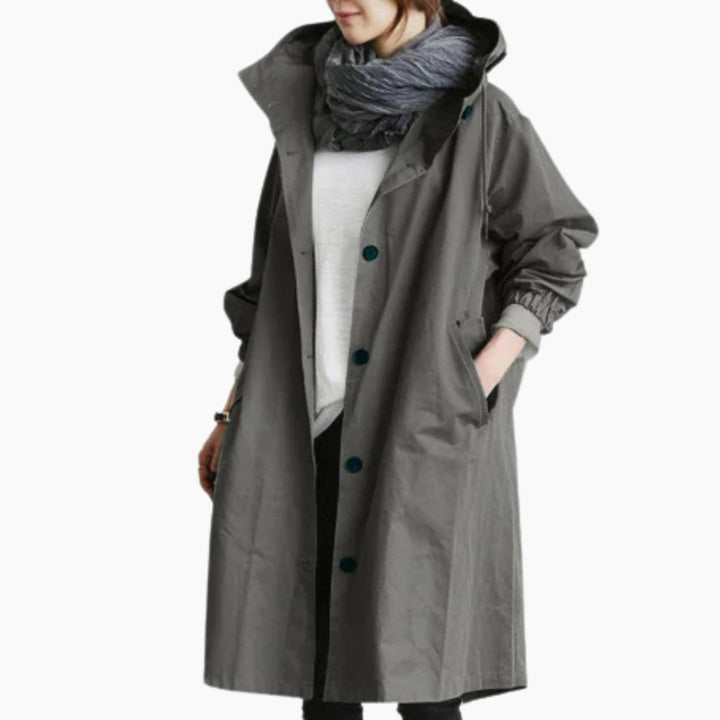 Women's long button street coat in Grey