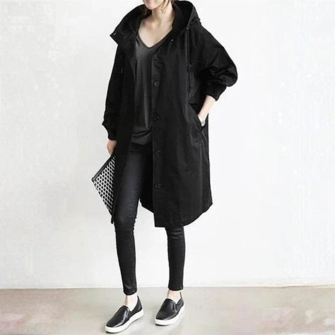 Women's long button street coat in Black