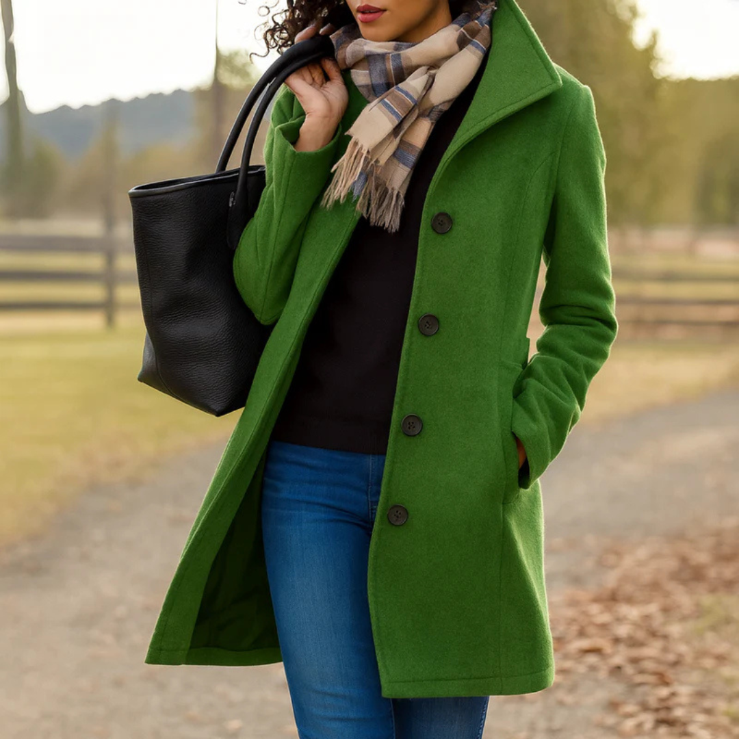 Women's Classic Buttoned Winter Coat in Moss Green