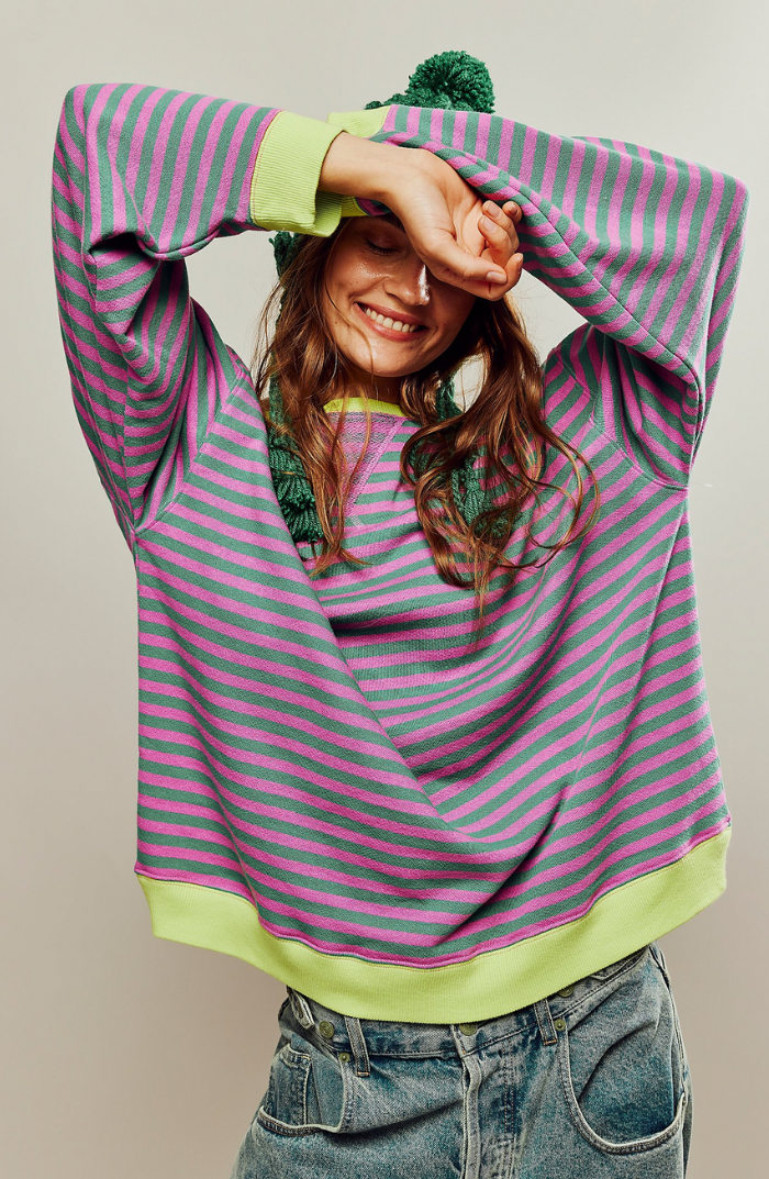 Women's Striped Crew-Neck Jumper in Green & Pink