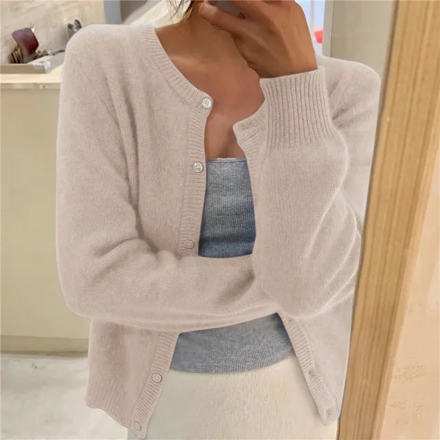 Women's Crew-Neck Cardigan in Apricot