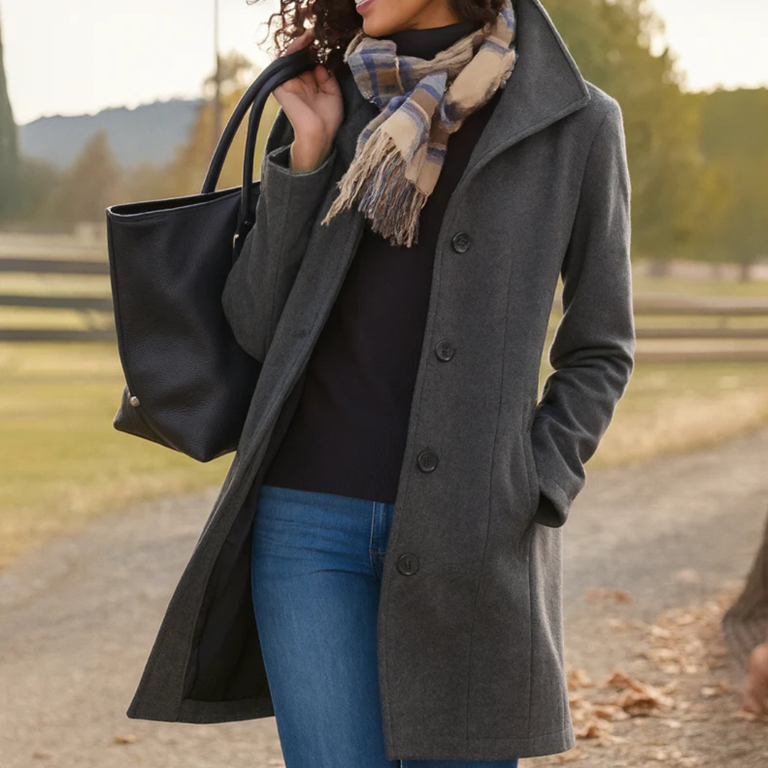 Women's Classic Buttoned Winter Coat in Grey
