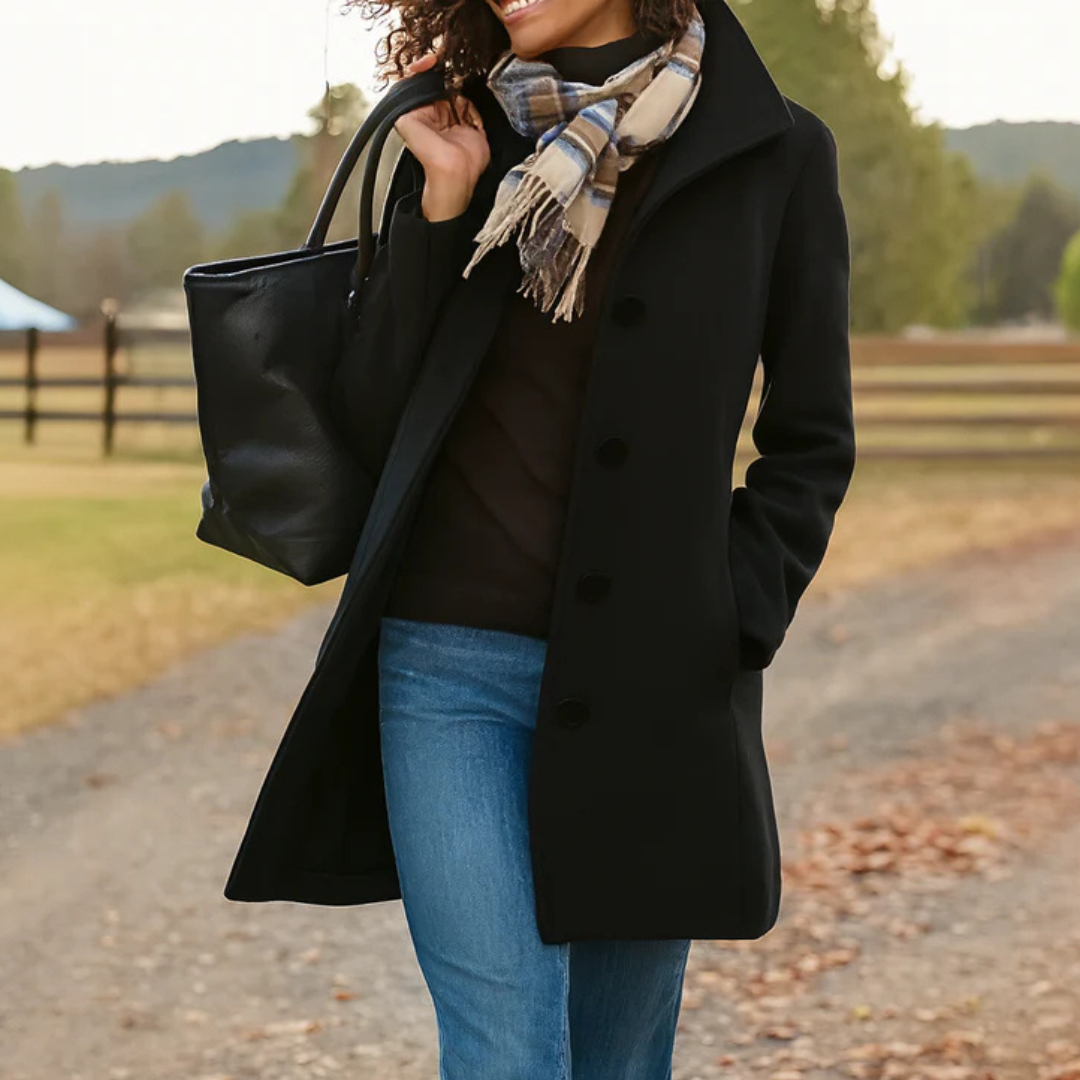 Women's Classic Buttoned Winter Coat in Black