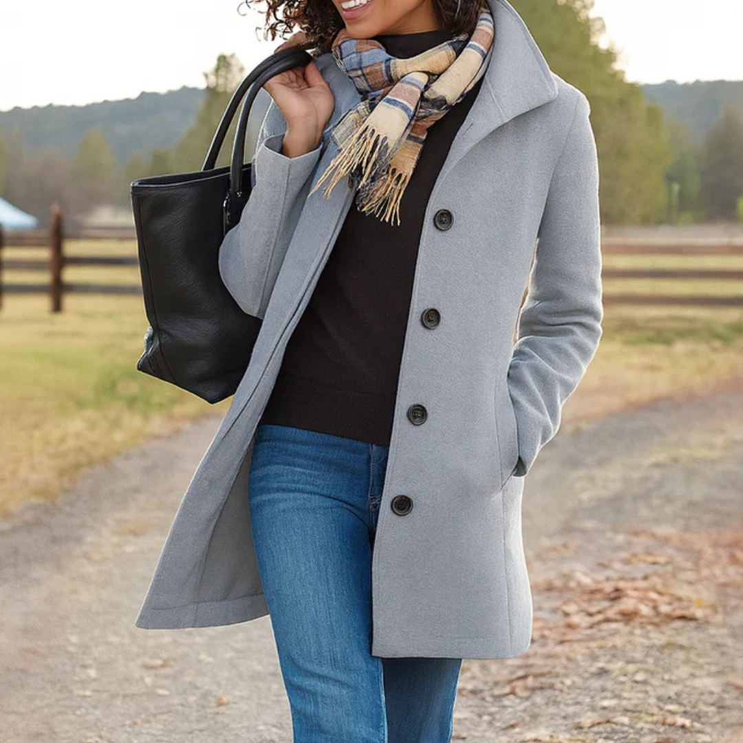 Women's Classic Buttoned Winter Coat in Light Grey