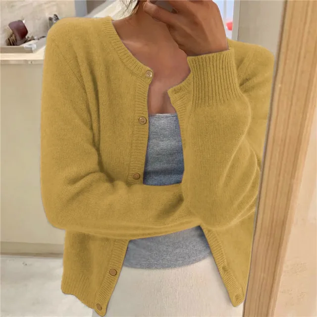 Women's Crew-Neck Cardigan in Yellow
