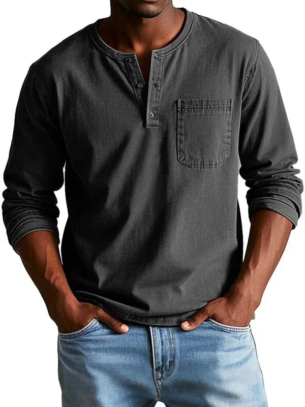 Men's long-sleeve henley shirt in black