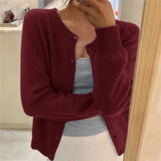 Women's Crew-Neck Cardigan in Burgundy