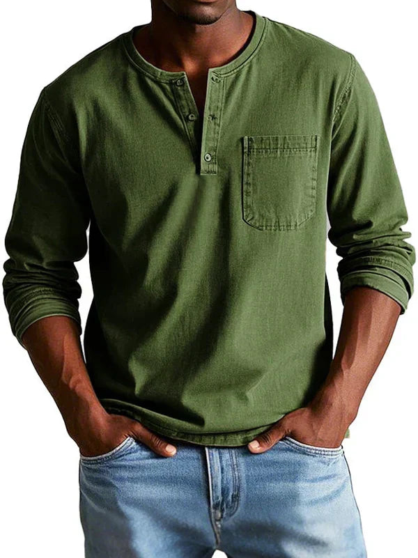 Men's long-sleeve henley shirt in army green