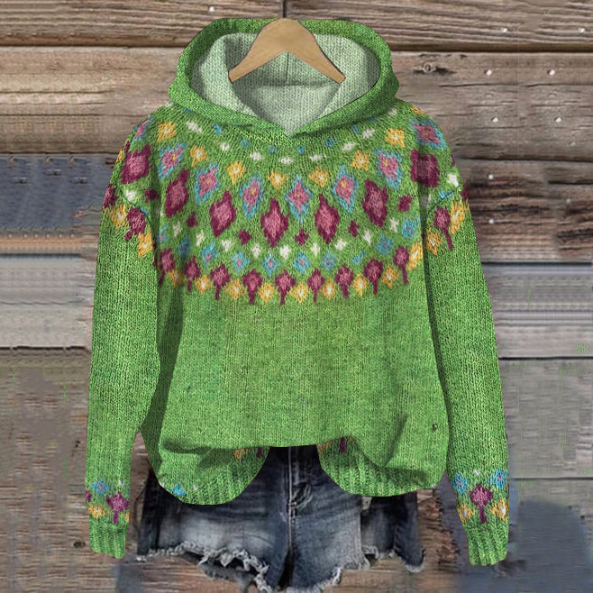 Women's Patterned Winter Knit Hoodie in Green