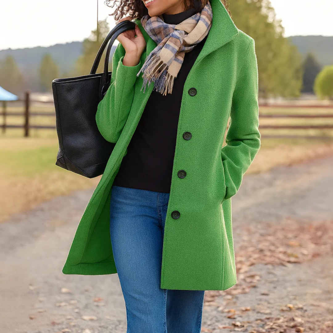 Women's Classic Buttoned Winter Coat in Green