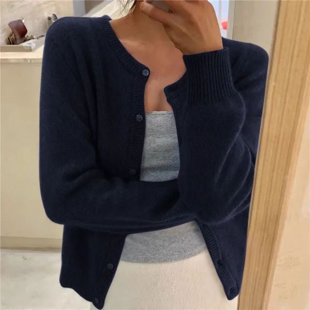 Women's Crew-Neck Cardigan in Navy
