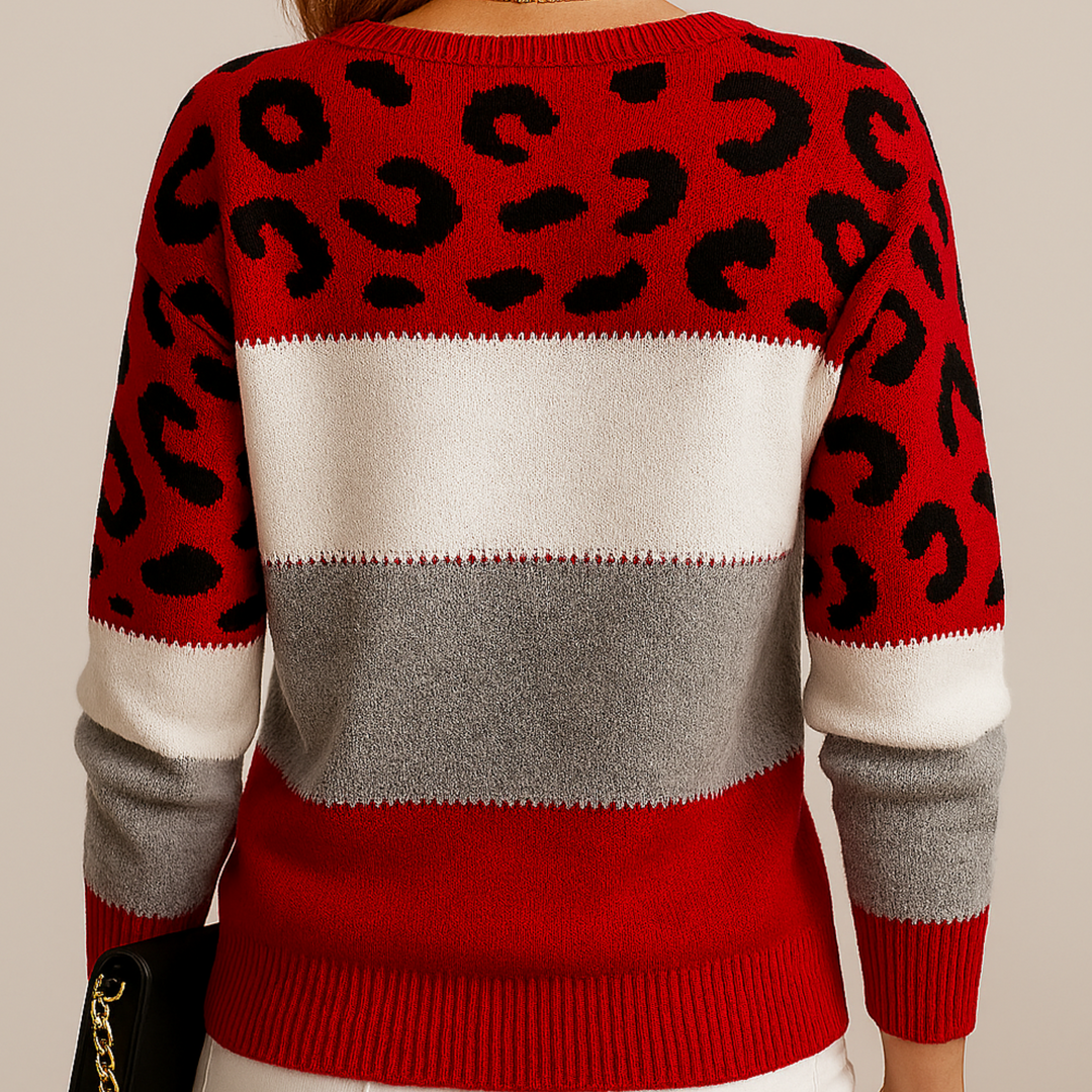 Women's Colour-Block Leopard Knit Jumper in Red