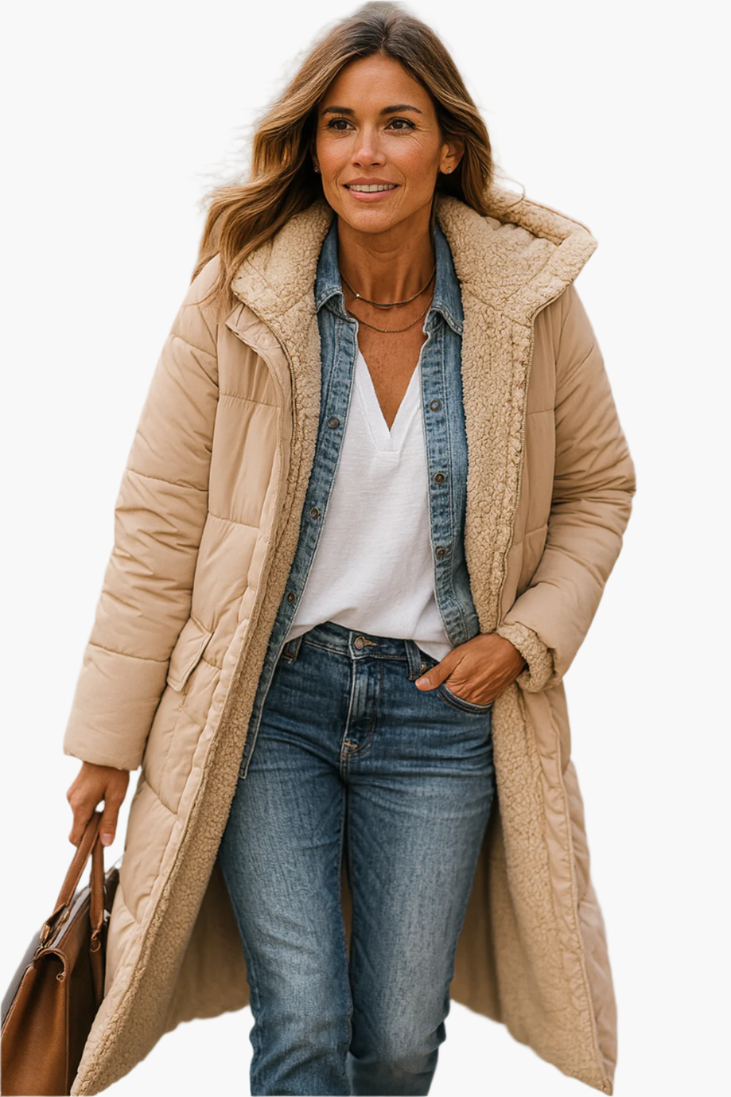 Women's hooded longline winter puffer jacket in Beige