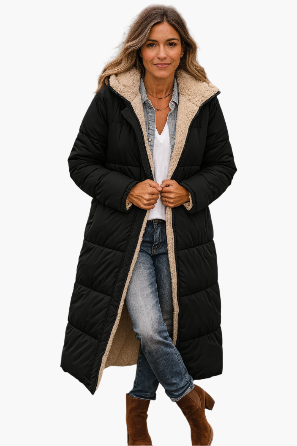 Women's hooded longline winter puffer jacket in Black