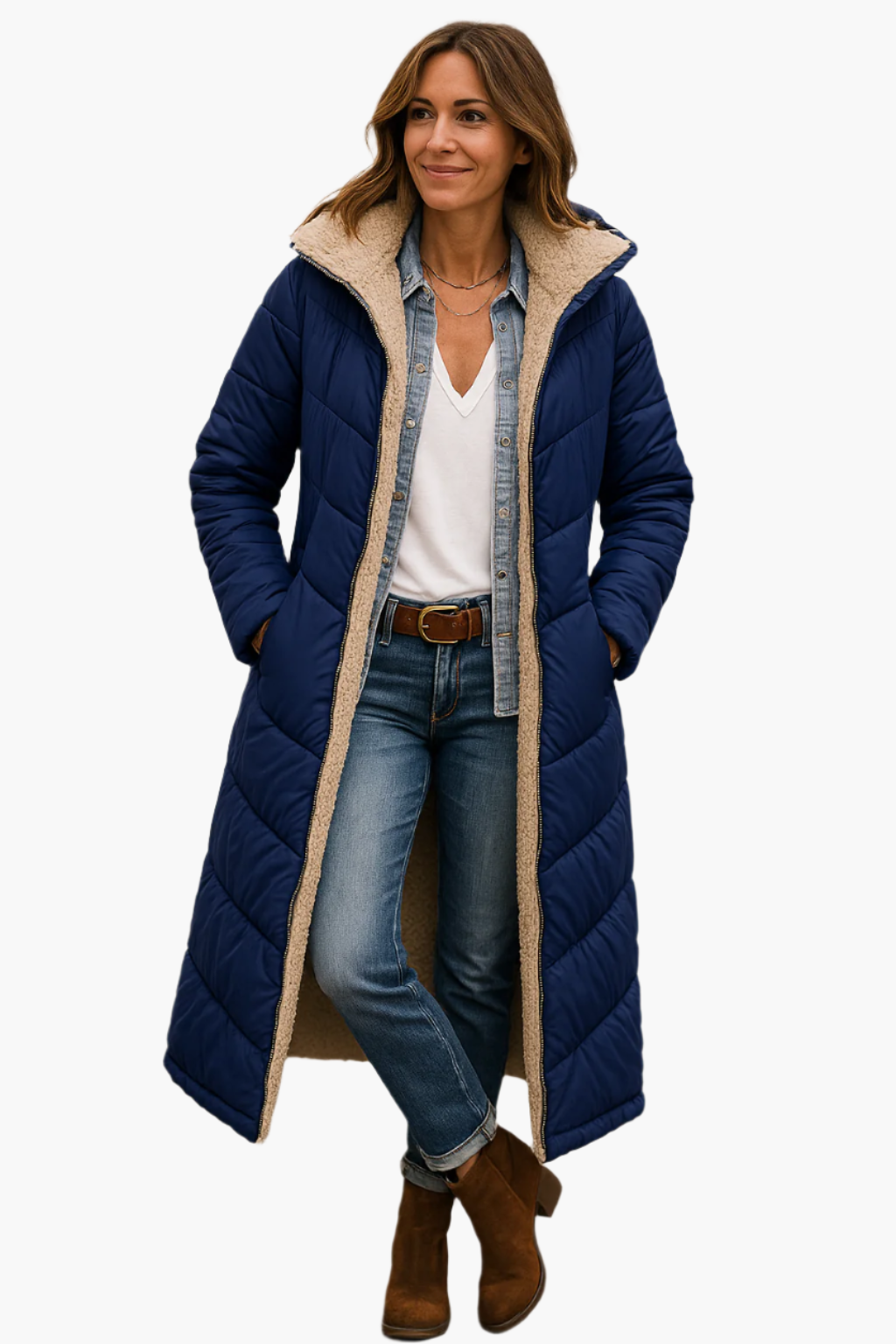 Women's hooded longline winter puffer jacket in Navy