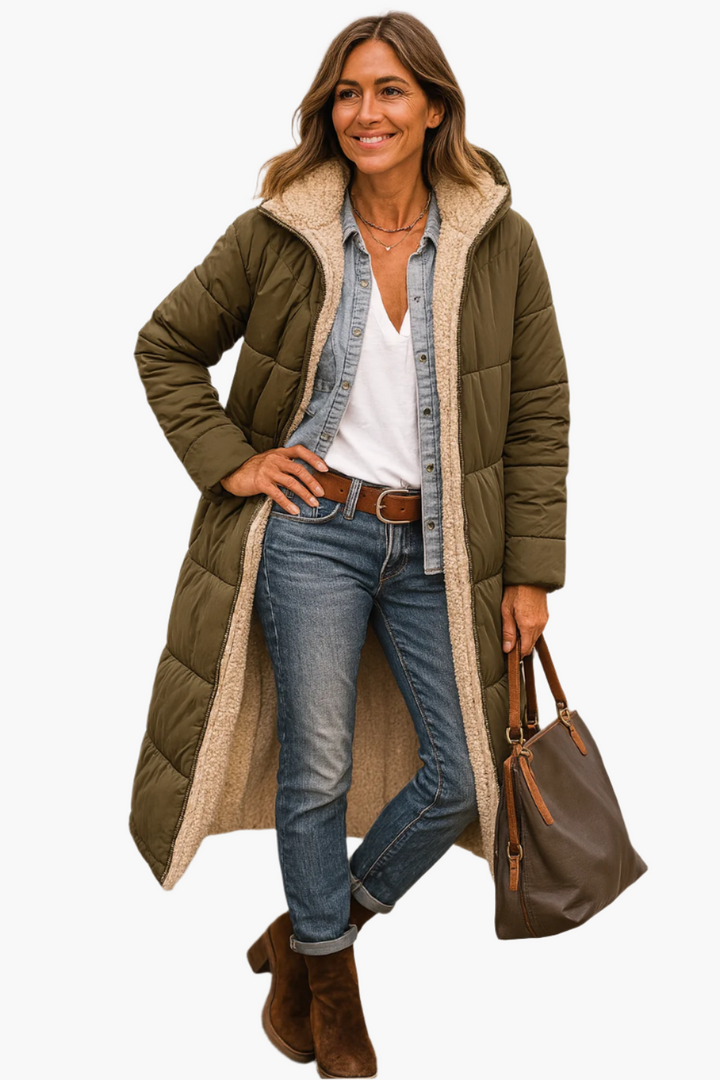 Women's hooded longline winter puffer jacket in Army Green