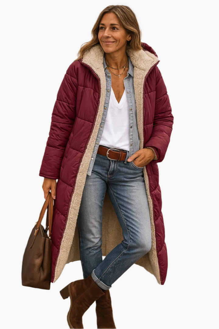 Women's hooded longline winter puffer jacket in Burgundy