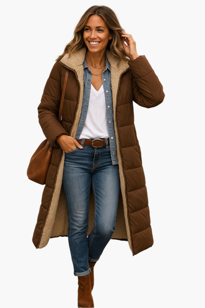 Women's hooded longline winter puffer jacket in Brown