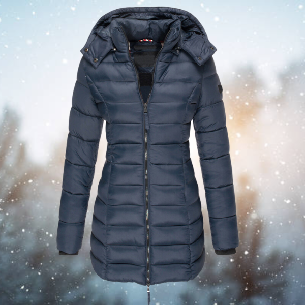 Women's Long Hooded Quilted Winter Jacket in Navy