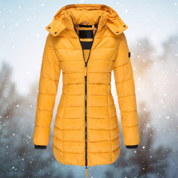 Women's Long Hooded Quilted Winter Jacket in Yellow