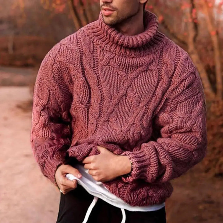 Men's Chunky-Knit Roll-Neck Jumper in Red