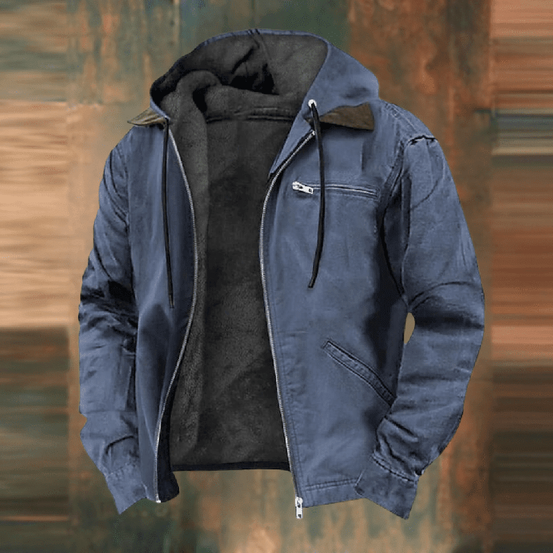 Men's Hooded Faux-Leather Winter Jacket in Blue