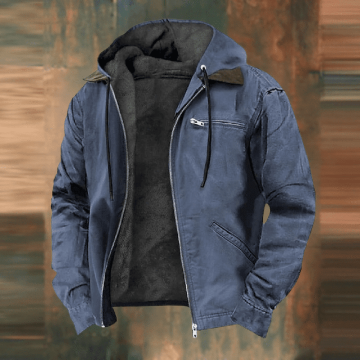 Men's Hooded Faux-Leather Winter Jacket in Blue