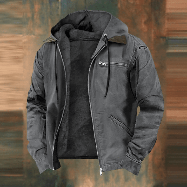 Men's Hooded Faux-Leather Winter Jacket in Grey