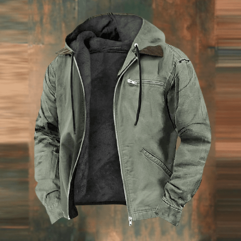 Men's Hooded Faux-Leather Winter Jacket in Green
